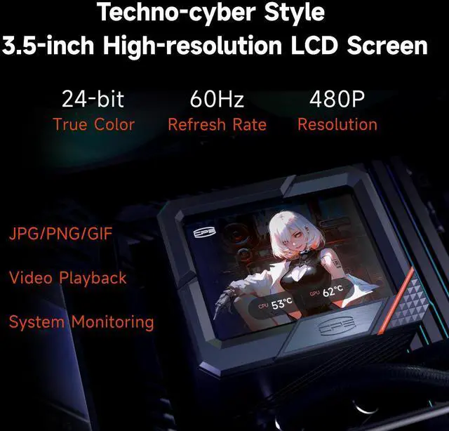 Alt view image 2 of 7 - PCCOOLER CPS GT360 ARGB Display AIO CPU Liquid Cooler, 310W TDP, Customizable 3.5" IPS LCD Cyber Style Display, Ceramic Bearing, High Speed Fans, for Intel LGA 1851/1700/1200/115X & AMD AM5/AM4, White