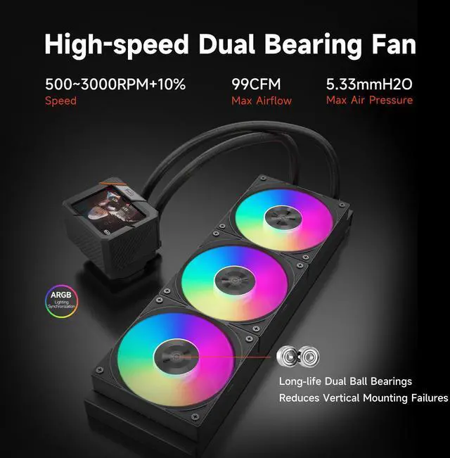 Alt view image 5 of 7 - PCCOOLER CPS GT360 ARGB Display AIO CPU Liquid Cooler, 310W TDP, Customizable 3.5" IPS LCD Cyber Style Display, Ceramic Bearing, High Speed Fans, for Intel LGA 1851/1700/1200/115X & AMD AM5/AM4, White