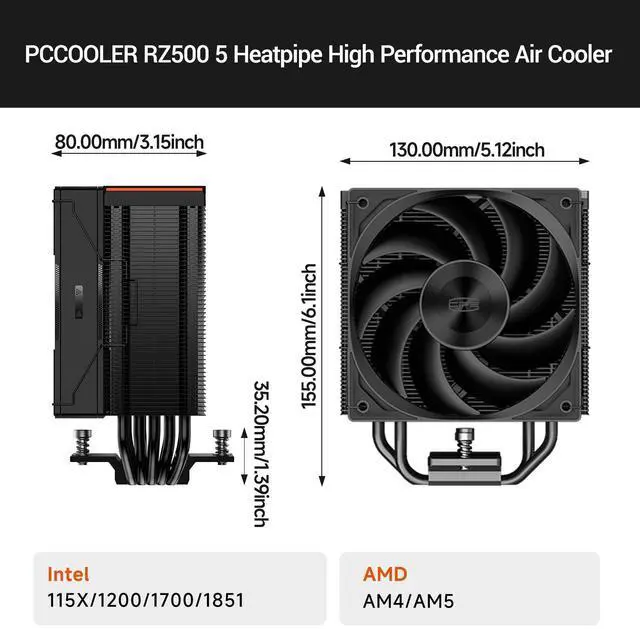 Alt view image 5 of 7 - PCCOOLER CPS RZ500 CPU Air Cooler, 5 Direct Contact Heat Pipes, Fully Covering CPU Hotspot, 255W TDP, 155mm (H), 120mm PWM Fan, for AMD AM5/AM4 & Intel 1851/1700/1200/115X, Black