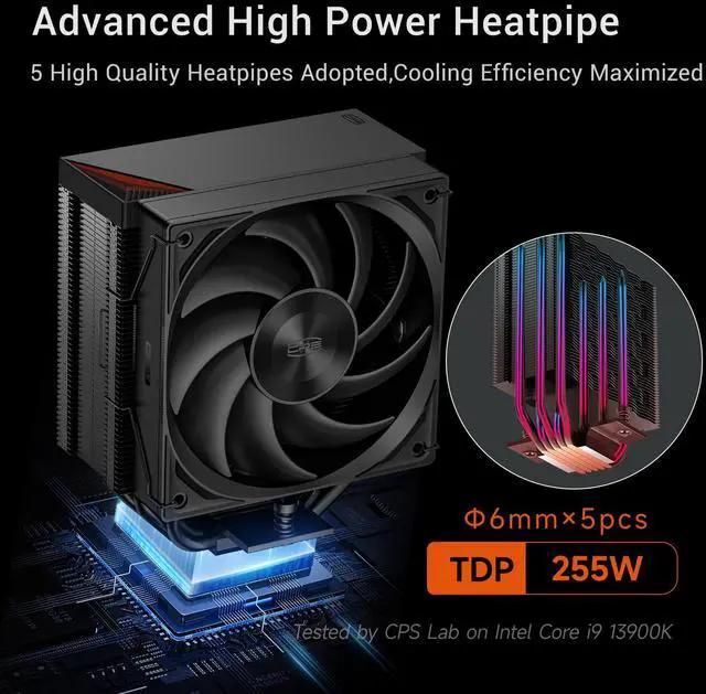 Alt view image 2 of 7 - PCCOOLER CPS RZ500 CPU Air Cooler, 5 Direct Contact Heat Pipes, Fully Covering CPU Hotspot, 255W TDP, 155mm (H), 120mm PWM Fan, for AMD AM5/AM4 & Intel 1851/1700/1200/115X, Black