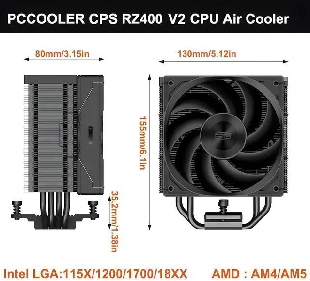 Alt view image 3 of 7 - PCCOOLER CPS RZ400 V2 CPU Air Cooler, 4 Direct Contact Heat Pipes, 240W TDP, Aluminum Top Cover, 155mm Tall, 120mm PWM Slient Fan, for Intel LGA 1851/1700/1200/115X & AMD AM5/AM4, Black