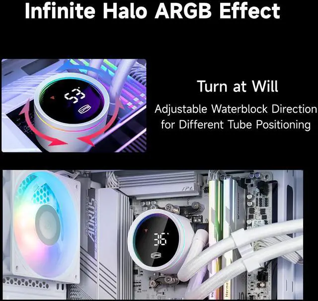 Alt view image 4 of 7 - PCCOOLER CPS DA360 Pro ARGB Digital AIO CPU Liquid Cooler, 360mm Radiator, 300W TDP, 270° Rotatable Digital Display, Infinity Halo ARGB Effect, for Intel LGA 1851/1700/1200/115X & AMD AM5/AM4, White