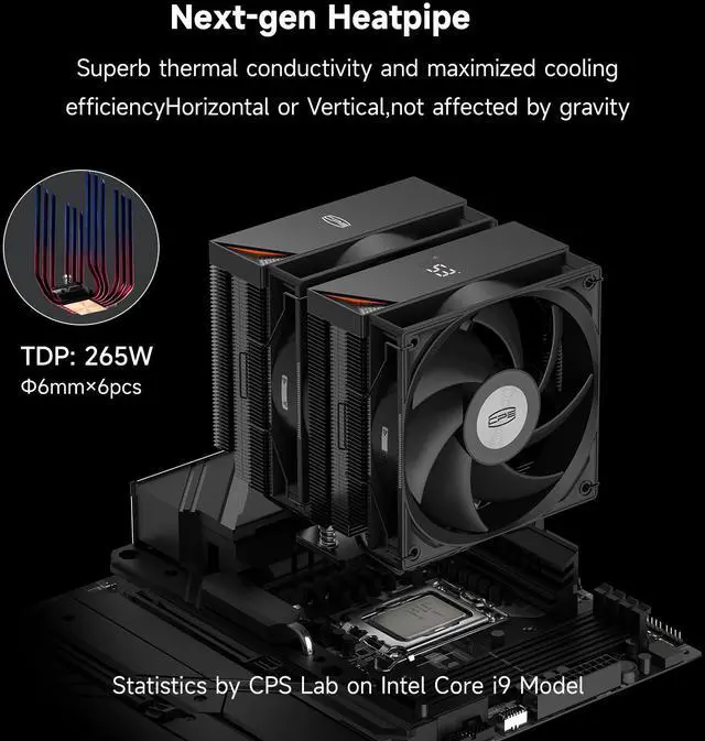 Alt view image 4 of 7 - PCCOOLER CPS RT620 Digital Dual Tower CPU Air Cooler, 6 Heat Pipes, 265W TDP, Digital Display Top Cover, 157mm Tall, 120mm PWM Slient Fans, for Intel LGA 1851/1700/1200/115X & AMD AM5/AM4, Black