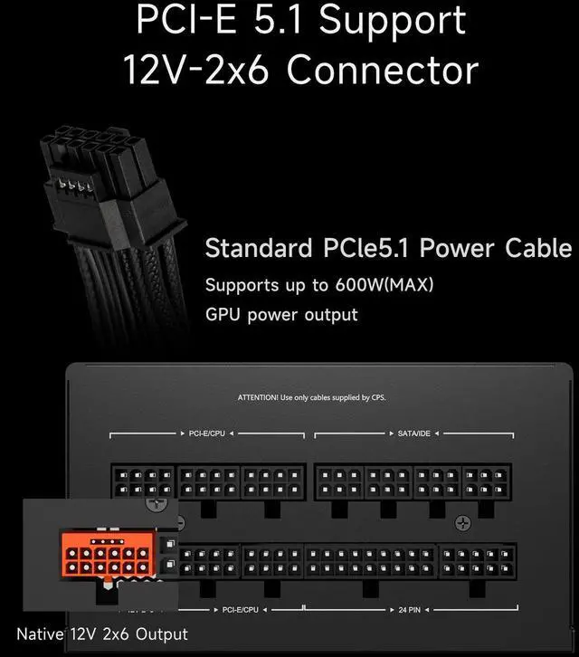 Alt view image 3 of 7 - PCCOOLER CPS KN850 Fully Modular Power Supply, 80 PLUS Gold 850W PSU, Native 12V-2x6 Connector, ATX 3.1 & PCIe 5.1 Ready, Dual CPU Power Cables, 105°C Rated Japanese Capacitors, P3-KN850-G1F