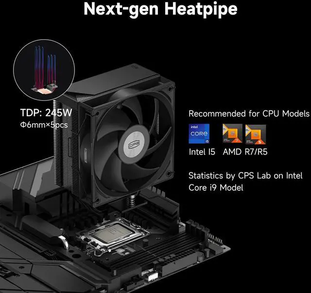 Alt view image 2 of 7 - PCCOOLER CPS RT500 TC CPU Air Cooler, 5 Direct Contact Heat Pipes, 245W TDP, 152mm Tall, 120mm PWM Slient Fan, for Intel LGA1851/1700/1200/115X & AMD AM5/AM4, Black