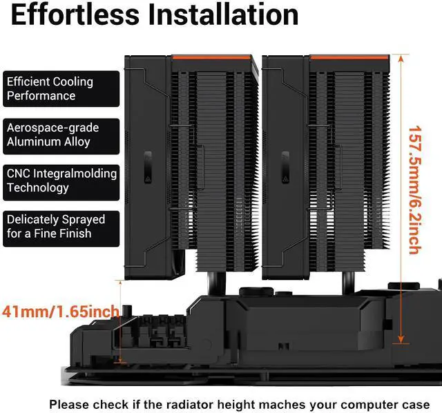 Alt view image 4 of 7 - PCCOOLER CPS RZ620 Dual Tower CPU Air Cooler, 6 Heat Pipes, 275W TDP, Aluminum Top Cover, 157.5mm Tall, 120mm PWM Silent Fans w/ 3 Modes, for Intel LGA 1851/1700/1200/115X & AMD AM5/AM4, Black