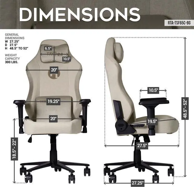 Alt view image 4 of 7 - Techni Sport TSF65C Fabric Memory Foam Gaming Chair  Beige