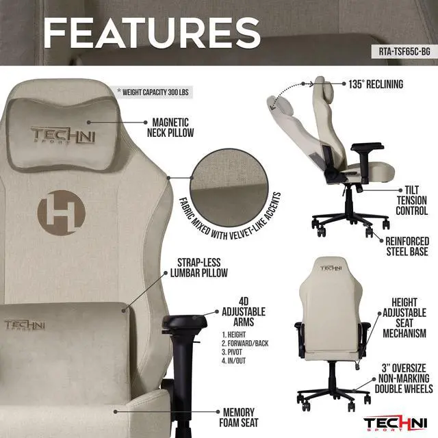 Alt view image 5 of 7 - Techni Sport TSF65C Fabric Memory Foam Gaming Chair  Beige