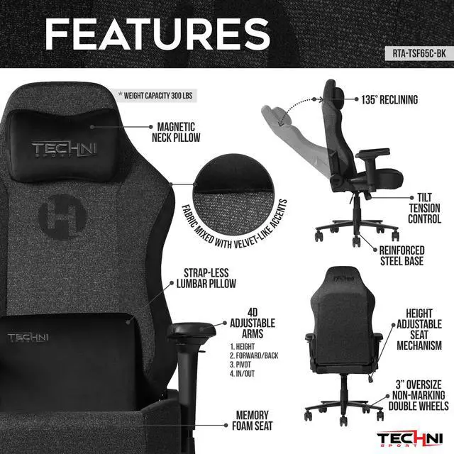 Alt view image 5 of 7 - Techni Sport TSF65C Fabric Memory Foam Gaming Chair  Black
