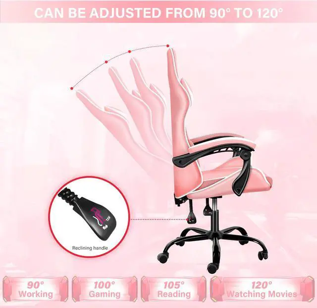 Alt view image 3 of 7 - Racing Video Backrest and Seat Height Recliner Gaming Office High Back Computer Ergonomic Adjustable Swivel Chair, Without footrest, Pink/White