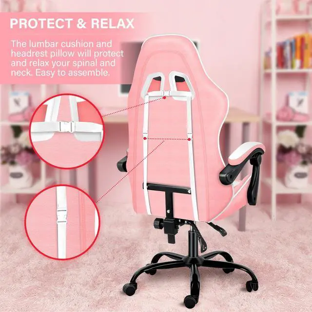 Alt view image 4 of 7 - Racing Video Backrest and Seat Height Recliner Gaming Office High Back Computer Ergonomic Adjustable Swivel Chair, Without footrest, Pink/White