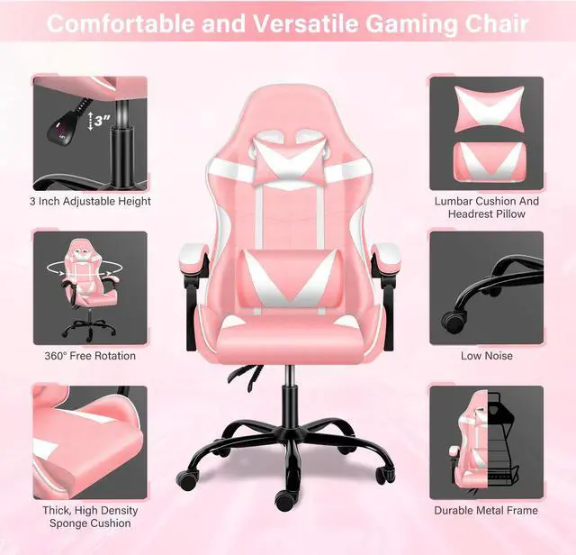 Alt view image 5 of 7 - Racing Video Backrest and Seat Height Recliner Gaming Office High Back Computer Ergonomic Adjustable Swivel Chair, Without footrest, Pink/White