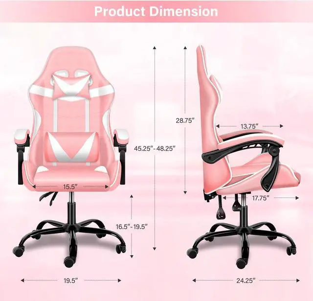 Alt view image 6 of 7 - Racing Video Backrest and Seat Height Recliner Gaming Office High Back Computer Ergonomic Adjustable Swivel Chair, Without footrest, Pink/White