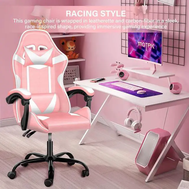 Alt view image 7 of 7 - Racing Video Backrest and Seat Height Recliner Gaming Office High Back Computer Ergonomic Adjustable Swivel Chair, Without footrest, Pink/White