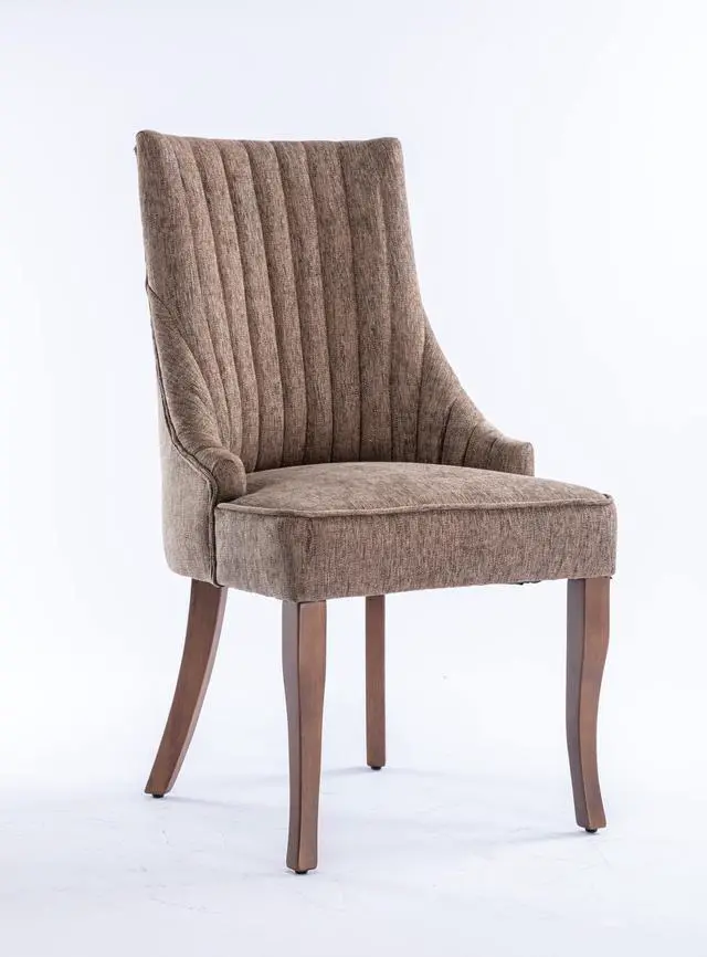 Alt view image 2 of 6 - Linen Fabric Upholstered Strip Back Dining Chair with Solid Wood LegsSeating Chairs Seating Chairs Brown