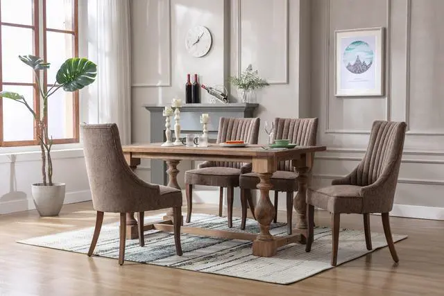 Alt view image 6 of 6 - Linen Fabric Upholstered Strip Back Dining Chair with Solid Wood LegsSeating Chairs Seating Chairs Brown