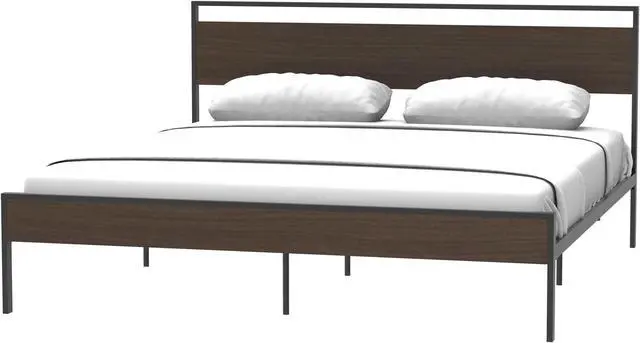 Main image of Metal Bed, Black with Cinnamon Wood Headboard & Footboard, Queen