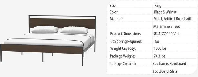 Alt view image 2 of 7 - Metal Bed, Black with Cinnamon Wood Headboard & Footboard, Queen