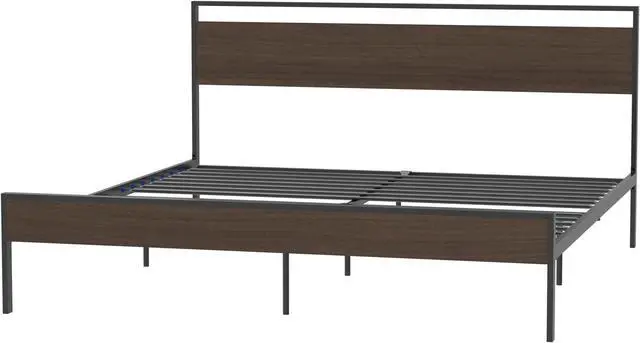 Alt view image 4 of 7 - Metal Bed, Black with Cinnamon Wood Headboard & Footboard, Queen