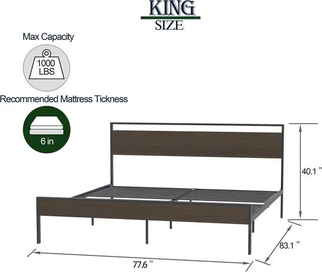 Alt view image 6 of 7 - Metal Bed, Black with Cinnamon Wood Headboard & Footboard, Queen