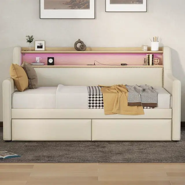Main image of Twin Size Daybed with Storage Drawers, Upholstered Daybed with Charging Station and LED Lights, Beige (Expect arrive date: December 30th.)