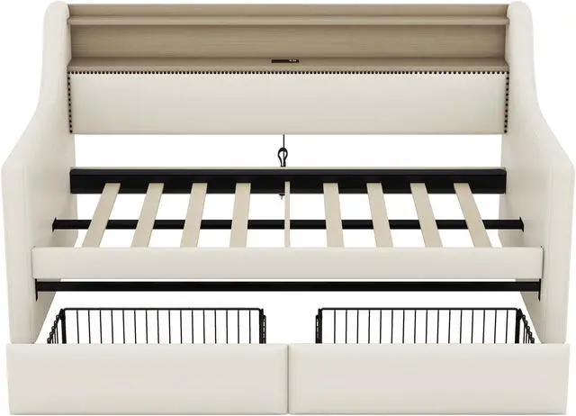 Alt view image 3 of 7 - Twin Size Daybed with Storage Drawers, Upholstered Daybed with Charging Station and LED Lights, Beige (Expect arrive date: December 30th.)
