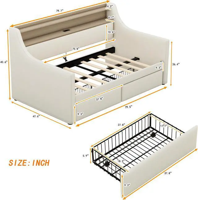 Alt view image 6 of 7 - Twin Size Daybed with Storage Drawers, Upholstered Daybed with Charging Station and LED Lights, Beige (Expect arrive date: December 30th.)