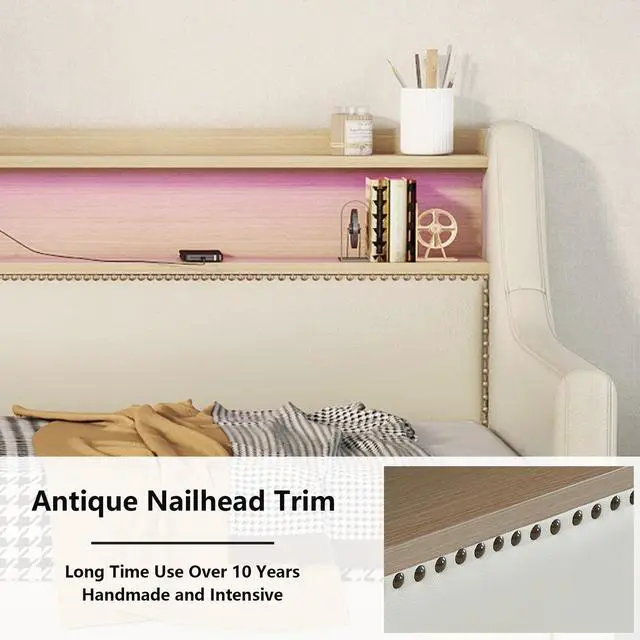 Alt view image 7 of 7 - Twin Size Daybed with Storage Drawers, Upholstered Daybed with Charging Station and LED Lights, Beige (Expect arrive date: December 30th.)