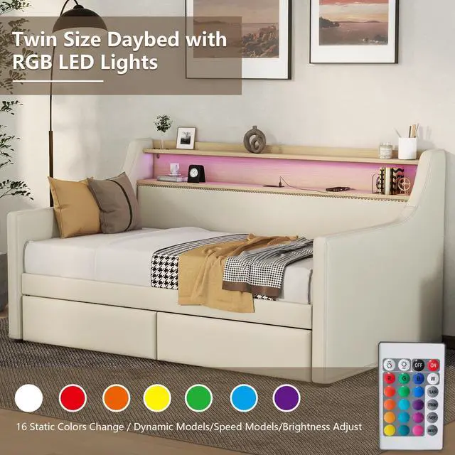 Alt view image 2 of 7 - Twin Size Daybed with Storage Drawers, Upholstered Daybed with Charging Station and LED Lights, Beige (Expect arrive date: December 30th.)