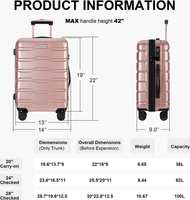 Alt view image 7 of 7 - Luggage Sets ABS+PC Hardshell 3pcs Clearance Luggage Hardside Lightweight Durable Suitcase sets Spinner Wheels Suitcase with TSA Lock (20/24/28), RoseGold