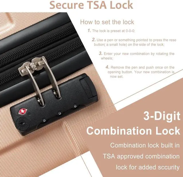 Alt view image 5 of 7 - Hardshell Luggage Sets 3 Pcs Spinner Suitcase with TSA Lock Lightweight 20''24''28'' Champagne