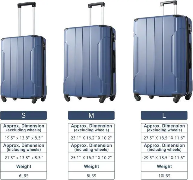 Alt view image 7 of 7 - Hardshell Luggage Sets 3 Pcs Spinner Suitcase with TSA Lock Lightweight 20''24''28'' Blue