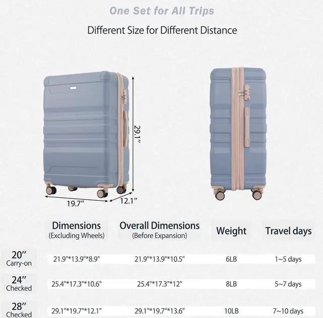 Alt view image 4 of 7 - Luggage Sets 4 Piece, Expandable ABS Durable Suitcase with Travel Bag, Carry On Luggage Suitcase Set with 360° Spinner Wheels