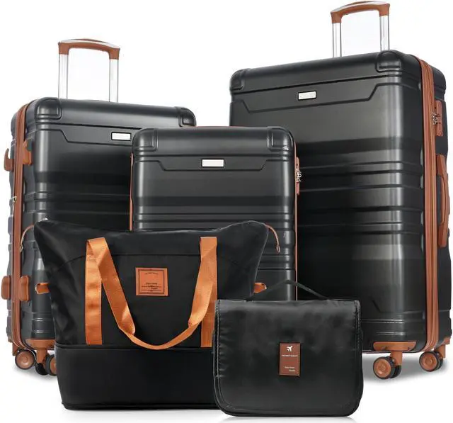 Main image of Luggage Sets 5 Piece, Expandable ABS Durable Suitcase with Travel Bag and Hanging Toiletry Bag, Carry On Luggage Suitcase Set with 360° Spinner Wheels, Black and Brown