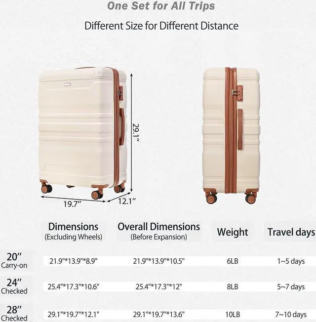 Alt view image 7 of 7 - Luggage Sets 4 Piece, Expandable ABS Durable Suitcase with Travel Bag, Carry On Luggage Suitcase Set with 360° Spinner Wheels, ivory and brown