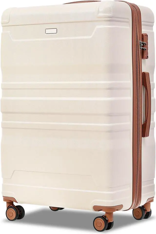 Alt view image 2 of 7 - Luggage Sets 4 Piece, Expandable ABS Durable Suitcase with Travel Bag, Carry On Luggage Suitcase Set with 360° Spinner Wheels, ivory and brown