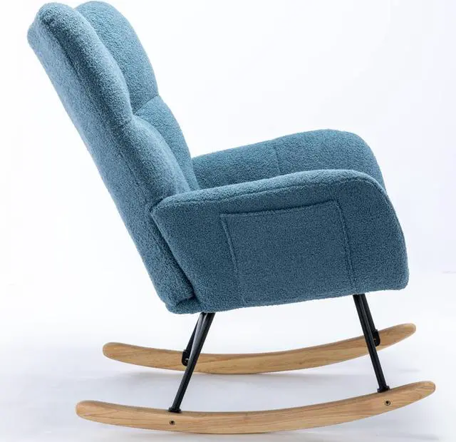 Alt view image 5 of 7 - Rocking Chair with Pocket, Soft Teddy Fabric Rocking Chair for Nursery, Comfy Wingback Glider Rocker with Safe Solid Wood Base for Living Room Bedroom Balcony