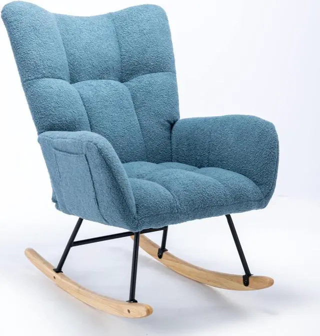 Alt view image 6 of 7 - Rocking Chair with Pocket, Soft Teddy Fabric Rocking Chair for Nursery, Comfy Wingback Glider Rocker with Safe Solid Wood Base for Living Room Bedroom Balcony
