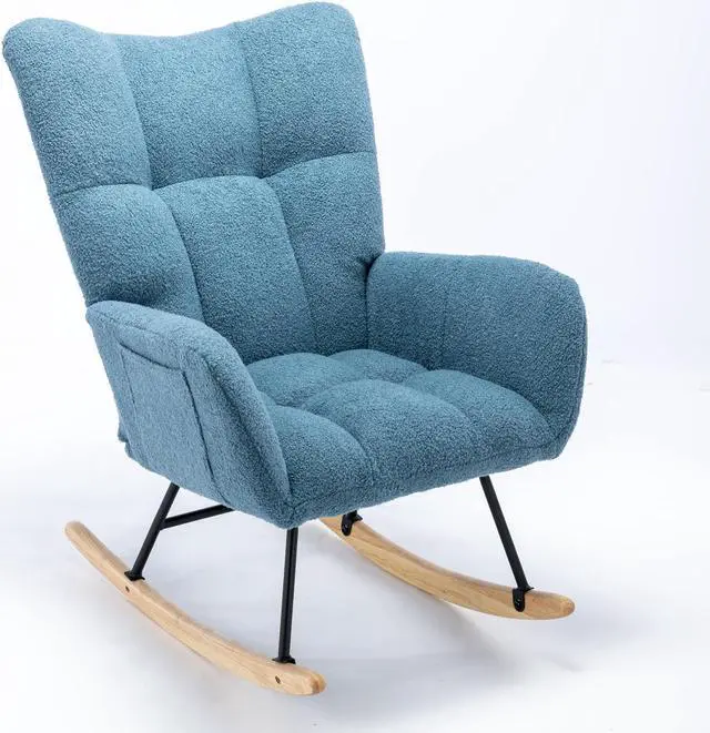 Alt view image 7 of 7 - Rocking Chair with Pocket, Soft Teddy Fabric Rocking Chair for Nursery, Comfy Wingback Glider Rocker with Safe Solid Wood Base for Living Room Bedroom Balcony