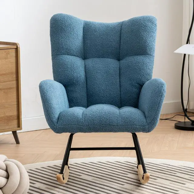 Alt view image 2 of 7 - Rocking Chair with Pocket, Soft Teddy Fabric Rocking Chair for Nursery, Comfy Wingback Glider Rocker with Safe Solid Wood Base for Living Room Bedroom Balcony