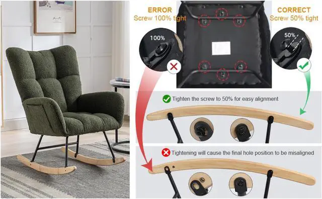 Alt view image 7 of 7 - Rocking Chair with Pocket, Soft Teddy Fabric Rocking Chair for Nursery, Comfy Wingback Glider Rocker with Safe Solid Wood Base for Living Room Bedroom Balcony Dark green