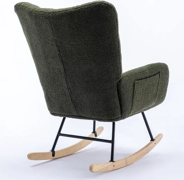 Alt view image 2 of 7 - Rocking Chair with Pocket, Soft Teddy Fabric Rocking Chair for Nursery, Comfy Wingback Glider Rocker with Safe Solid Wood Base for Living Room Bedroom Balcony Dark green