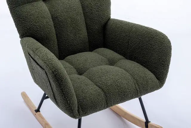 Alt view image 5 of 7 - Rocking Chair with Pocket, Soft Teddy Fabric Rocking Chair for Nursery, Comfy Wingback Glider Rocker with Safe Solid Wood Base for Living Room Bedroom Balcony Dark green