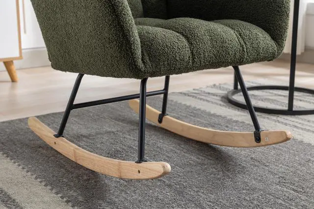 Alt view image 4 of 7 - Rocking Chair with Pocket, Soft Teddy Fabric Rocking Chair for Nursery, Comfy Wingback Glider Rocker with Safe Solid Wood Base for Living Room Bedroom Balcony Dark green