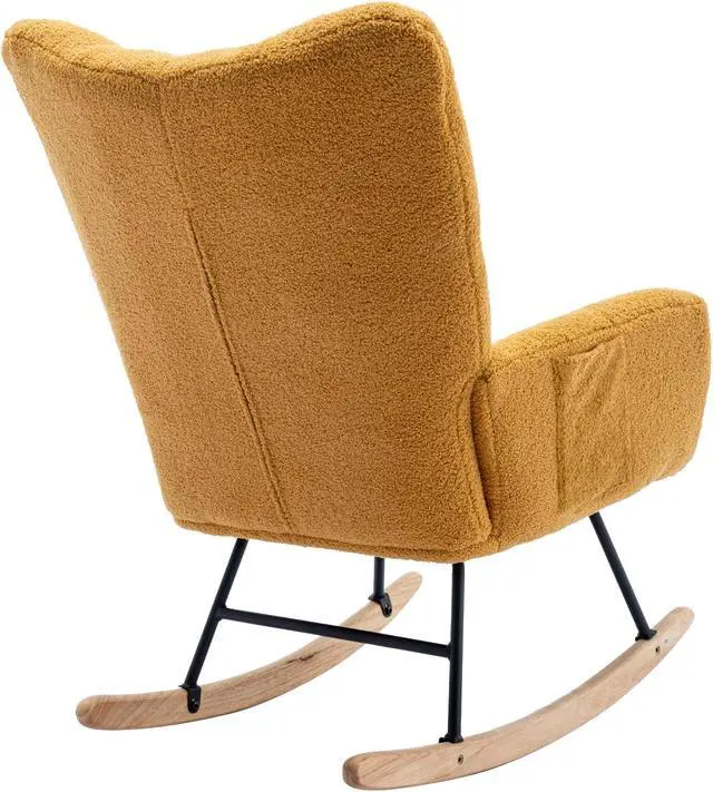 Alt view image 6 of 7 - Rocking Chair with Pocket, Soft Teddy Fabric Rocking Chair for Nursery, Comfy Wingback Glider Rocker with Safe Solid Wood Base for Living Room Bedroom Balcony Yellow