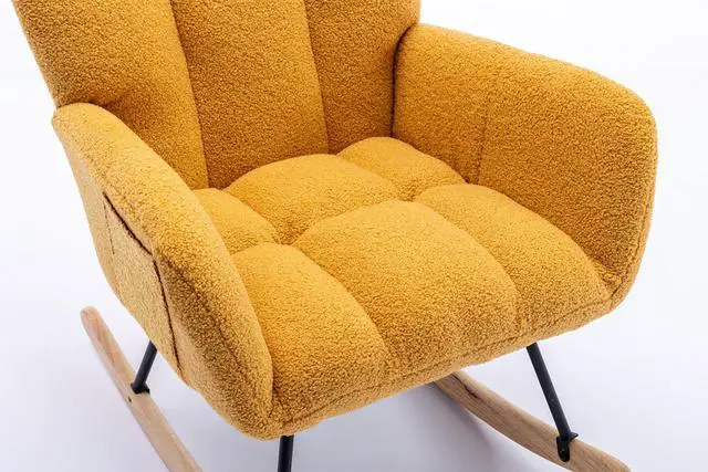 Alt view image 2 of 7 - Rocking Chair with Pocket, Soft Teddy Fabric Rocking Chair for Nursery, Comfy Wingback Glider Rocker with Safe Solid Wood Base for Living Room Bedroom Balcony Yellow