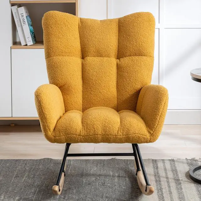 Alt view image 4 of 7 - Rocking Chair with Pocket, Soft Teddy Fabric Rocking Chair for Nursery, Comfy Wingback Glider Rocker with Safe Solid Wood Base for Living Room Bedroom Balcony Yellow
