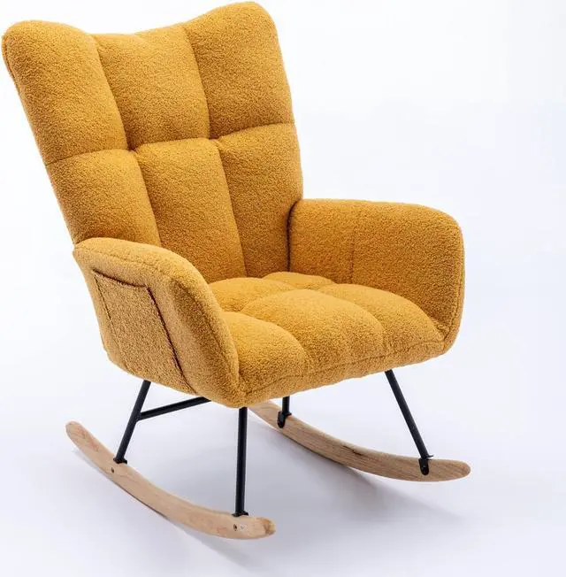 Main image of Rocking Chair with Pocket, Soft Teddy Fabric Rocking Chair for Nursery, Comfy Wingback Glider Rocker with Safe Solid Wood Base for Living Room Bedroom Balcony Yellow