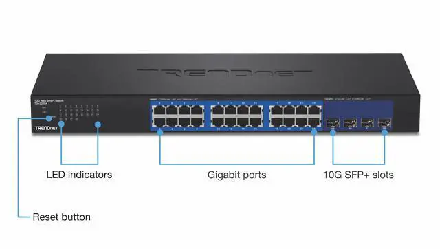 Alt view image 15 of 20 - TRENDnet 28-Port Web Smart Switch, 24 x Gigabit Ports, 4 x 10G SFP+ Slots, High Speed Network Uplinks, 128 Gbps Switching Capacity, Network Ethernet Switch, 1U Rack Mountable, Black, TEG-30284