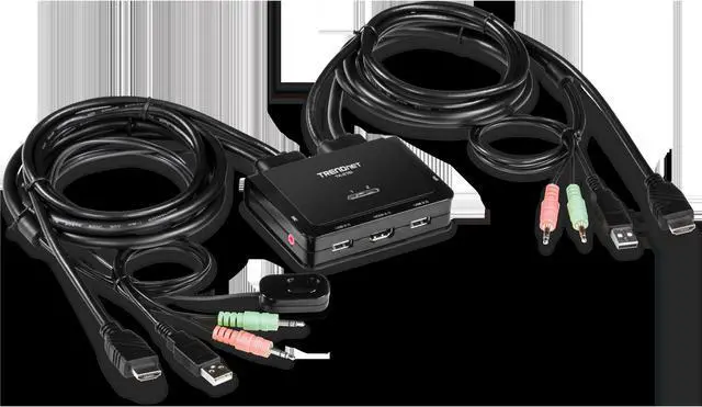 Main image of TRENDnet 2-Port 4K HDMI KVM Switch w/ Audio, TK-216i, 4K UHD (3840 x 2160@60Hz, 3.5mm speaker/microphone, USB Switch 2 Computers, USB 2.0, HDMI 2.0, HDMI 5.1 Audio Support, Monitor USB Sharing Switch